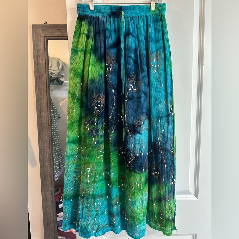 Blue and Green Peacock Midi Maxi Skirt NWT